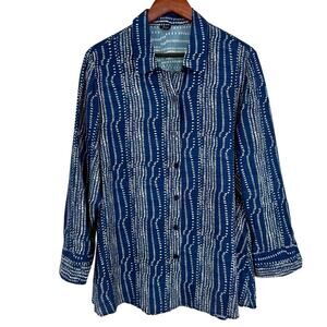 Shana Sz Large Blue White Wearable Art to Wear Blouse Shirt Top Long Sleeve